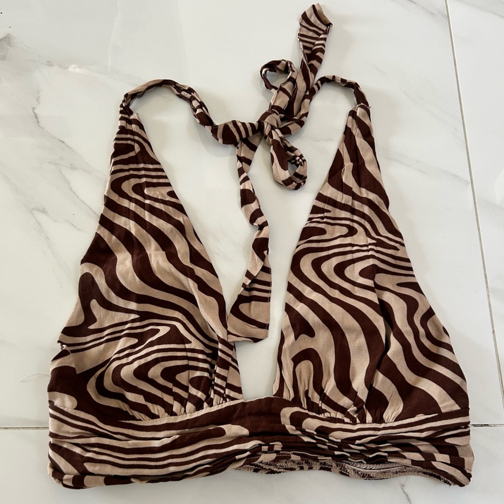 Brown & Tan Garage Zebra Print Halter Top